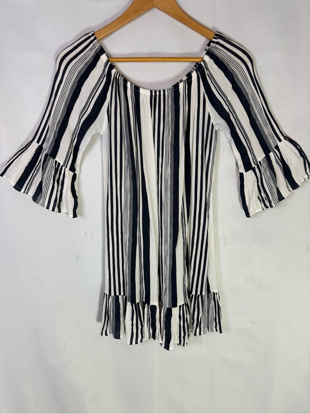 Striped Off-Shoulder Bell Sleeve Peasant Top — Black & White - Size S